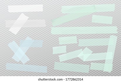White and green different size adhesive, sticky, masking, duct tape, paper pieces are on dark squared background