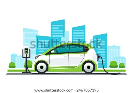 A white and green electric car is charging at a charging station in a city. The car is parked next to a charging station, and the cityscape in the background is filled with tall buildings. EV vehicle.