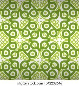 White, green fancy seamless pattern in fractal style. Equable tessellated repeatable backdrop. Vector background. Classic design.
