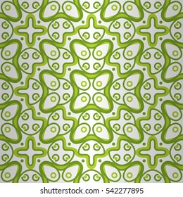 White, green fancy seamless pattern in alien style. Colored, graphical design for wallpaper, ads, fabric or other purpose. Entangled mosaic repeatable backdrop. Vector background.