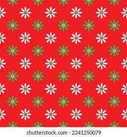 Flores blancas y verdes sobre fondo rojo. Feliz tema de color navideño. 
