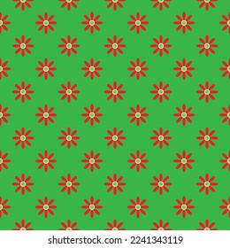 White and green flowers pattern on red background. Merry Christmas color theme. 