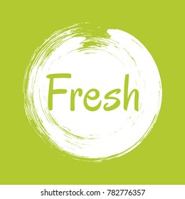 White and green fresh label vector, painted round emblem icon for natural products packaging, food pack. Fresh products sign, tag circle stamp, logo shape label graphic design.