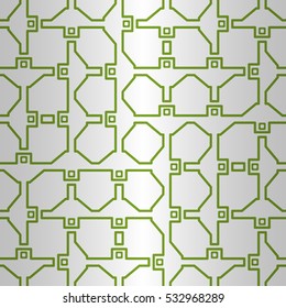 White, green geometric seamless pattern background in alien style. Vivid, graphical design for textile, carpet, fabric or other purpose.