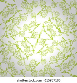 White, green geometric seamless pattern in flower carpet style. Colored, graphical design for ads, fabric, page fill or other purpose. Vector background. Modern decor.