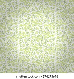 White, green geometrical seamless pattern in herbarium style. Flat mosaic repeatable backdrop.