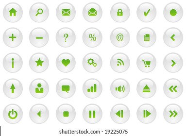 White and Green Glossy Vector Icon / Button Set for Web