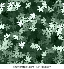 White and green halftone leaves silhouettes on the pastel green background. Green mint decorative style clothing masking camo repeat print. Light green colors winter forest texture