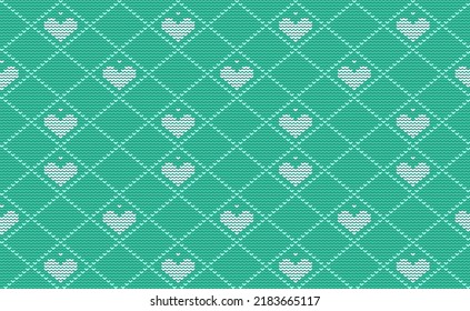 White and Green Heart Embroidery Pattern, Knitted Diagonal Background, Vector Tribal Crochet seamless, Handcraft Endless retro