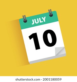 White and green Icon calendar of day 10 of July, with numbers in black color and text in white color, with shadow, isolated in a yellow background.