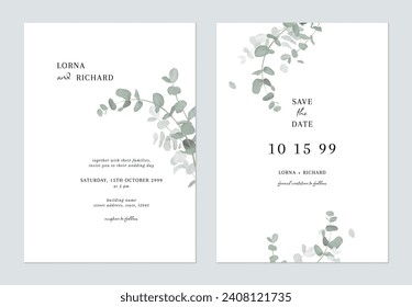 White green minimalist Eucalyptus cinerea wedding invitation