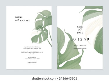 White and green minimalist Monstera leaves wedding invitation