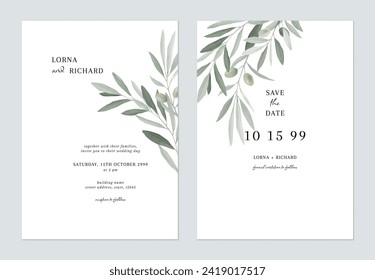 White green minimalist olive leaves wedding invitation