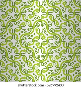 White, green ornamental seamless pattern background in alien style. Vivid, graphical design for surface, textile, curtain or other purpose. Smooth mosaic repeatable backdrop. Classic tracery.