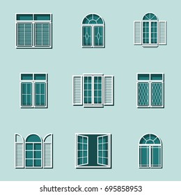 White and green pastel vintage Window  outline Icons on green wall with light and shadow