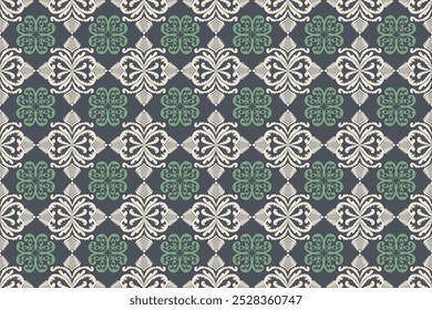 White and green pattern.  Oriental flora damask seamless pattern embroidery, art ornament print.  Design for tile, carpet, cover, wallpaper, wrapping paper, fabric, clothing, bag, and decoration.