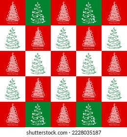 White, green and red Christmas tree background. New Year. Christmas. Decoration, fabric, textile. Banner, brochure, poster, card. Vector illustration.