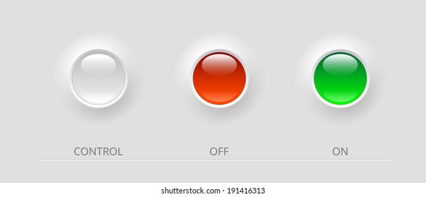 white, green and red glossy control buttons, vector illustration, eps 10 with transparency