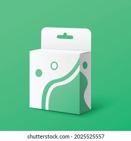 White And Green Retail Product Package Box With Hang Tab - Realistic Mockup Of Small Cardboard Container With Hanging Hole And Fluid Shapes Design, Vector Illustration
