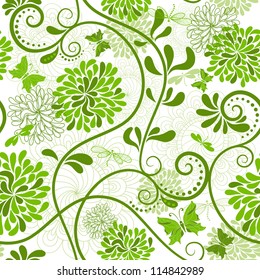 White and green seamless floral pattern with curls and  butterflies (vector)