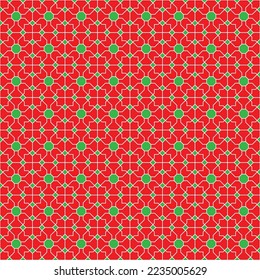 White and green square and diagonal line pattern on red background. Linked diagonal line on square and octagon shape. White and green lattice pattern on red background. Abstract maze backdrop.