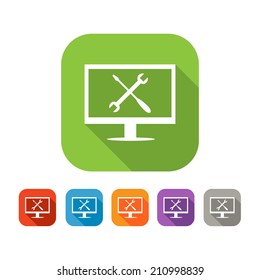 White and green square flat icon with computer and crossed tools. Repair sign with color set in red and blue, orange, purple and grey colors