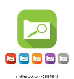 White and green square flat icon with file and magnifying glass. Document search sign with color set in red and blue, orange, purple and grey colors