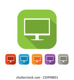 White and green square flat  icon with computer. Color set in red, blue, orange and purple and grey colors