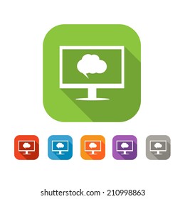 White and green square flat icon with computer and speech bubble and color set in red, blue, orange, purple and grey colors