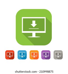 White and green square flat icon with computer and arrow. Upload sign with color set in red and blue, orange, purple and grey colors