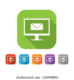 White and green square flat  icon with computer and mail. Color set in red, blue, orange and purple and grey colors