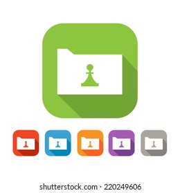 White and green square flat icon of folder with piece sign. Color set in red, blue, orange, purple and grey colors