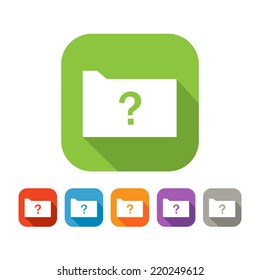 White and green square flat icon of folder with question mark. Color set in red, blue, orange, purple and grey colors