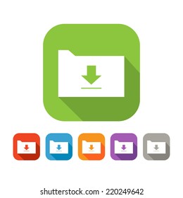White and green square flat icon of folder with upload sign. Color set in red, blue, orange, purple and grey colors