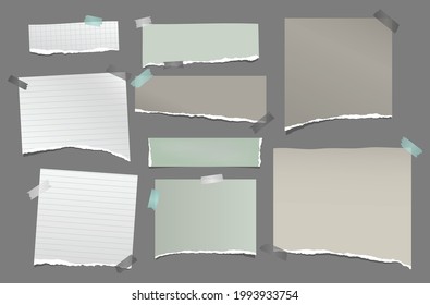 White, green torn note, notebook paper stripes with sticky tape are on dark grey background for text, advertising or design. Vector illustration