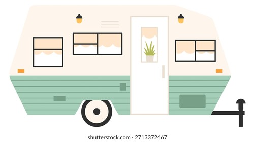 Un remolque blanco y verde con una planta verde en una ventana