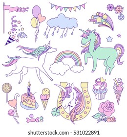 White and green unicorns with a purple mane on  background