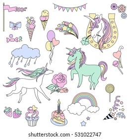 White and green unicorns with sweets on  background