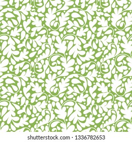 White and green vector leaf seamless pattern. Vintage ornament. Paisley elements. Great for fabric, invitation, flyer, menu, background, wallpaper, decoration, packaging or any desired idea.