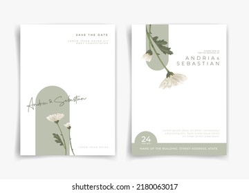 White And Green Wedding Card Or Invitation Card With White Flower And Leaf Theme Front Side And Backside. Nature Wedding Card. Nature Cover. Wedding Card Template.