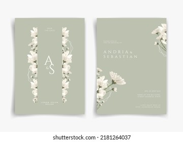 White and green wedding card or invitation card with white flower and leaf theme front side and backside. Nature wedding card. Nature cover. Wedding card template. - Shutterstock ID 2181264037