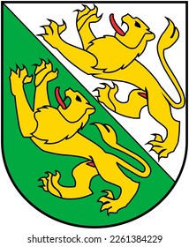 White, green and yellow coat of arms with two lions of Swiss Canton Thurgau. Illustration made February 12th, 2023, Zurich, Switzerland.