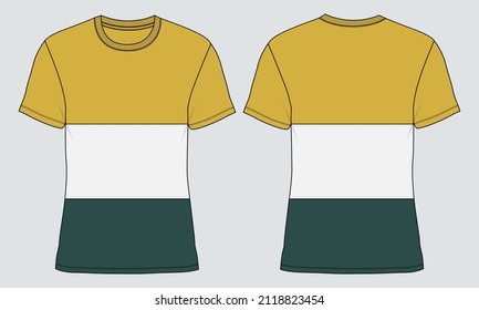 White, green, Yellow Color Cut and sew short Sleeve basic T shirt Technical Fashion Flat sketch Vector Illustration Template Front, back views. Apparel design Mock up drawing illustration.
