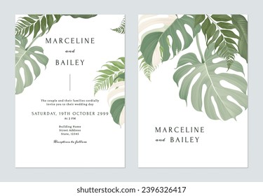 White greenery Monstera and fern leaves wedding invitation