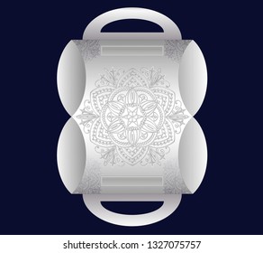 White greeting box with a large image of a mandala for a gift. Vector