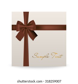 White greeting card with brown bow isolated on white. Vector EPS10 illustration.  