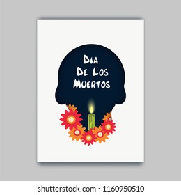 White greeting card design with lettering Dia De Los Muertos (Day Of The Dead) and illuminated candle for festival celebration concept.