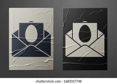 White Greeting card with Happy Easter icon isolated on crumpled paper background. Celebration poster template for invitation or greeting card. Paper art style. Vector Illustration