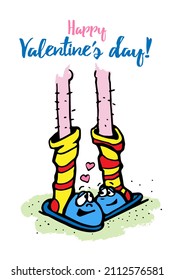 White Greeting card for the holiday feet slippers and socks with the text Happy Valentines day