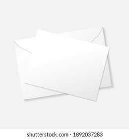 White greeting card on envelope flat lay top view mockup template. Isolated on white background with shadow. Ready to use for your design or business. Vector illustration.